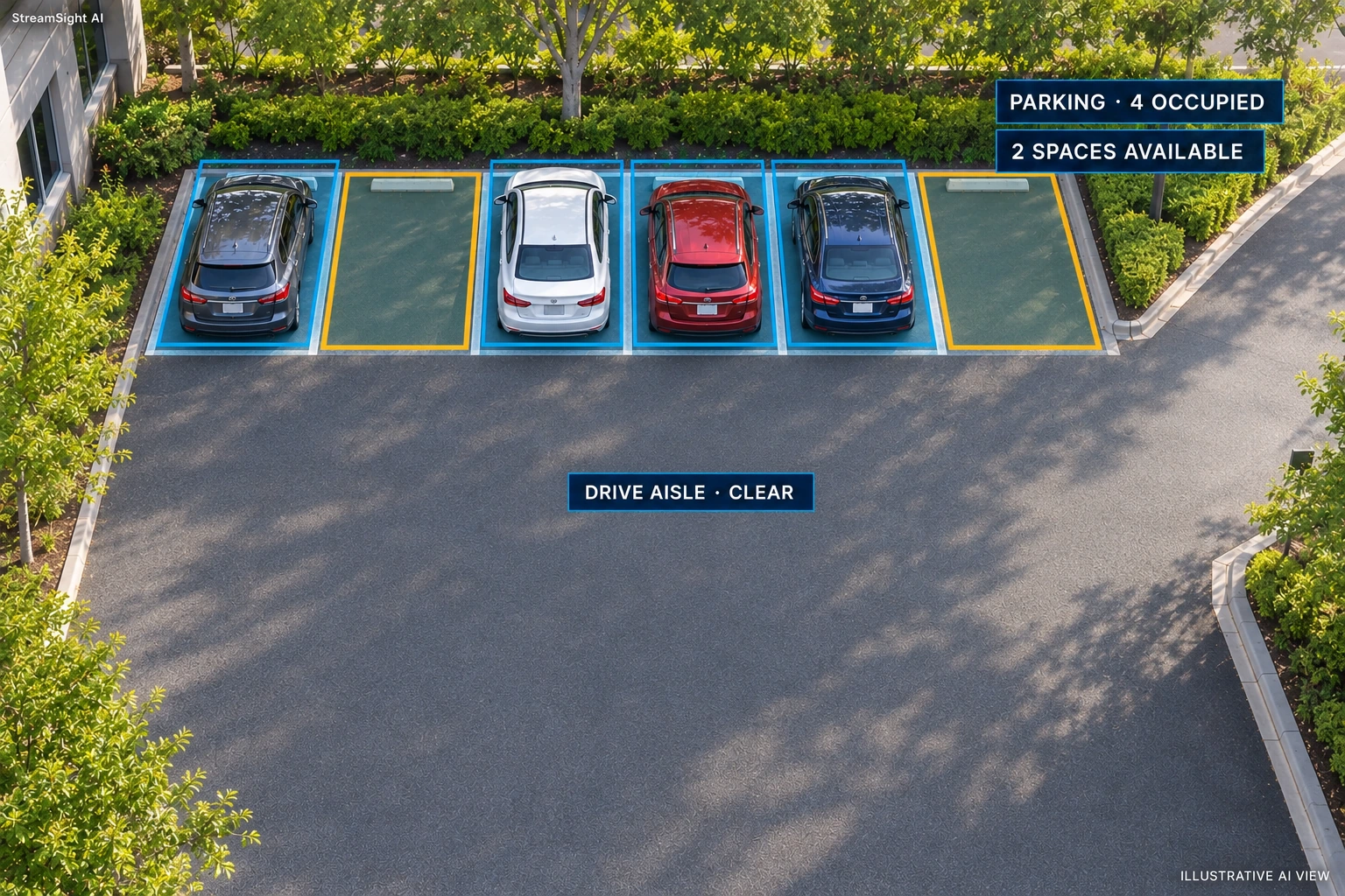 parking lot with vehicle detection boxes, occupied and available bays, and a clear drive aisle