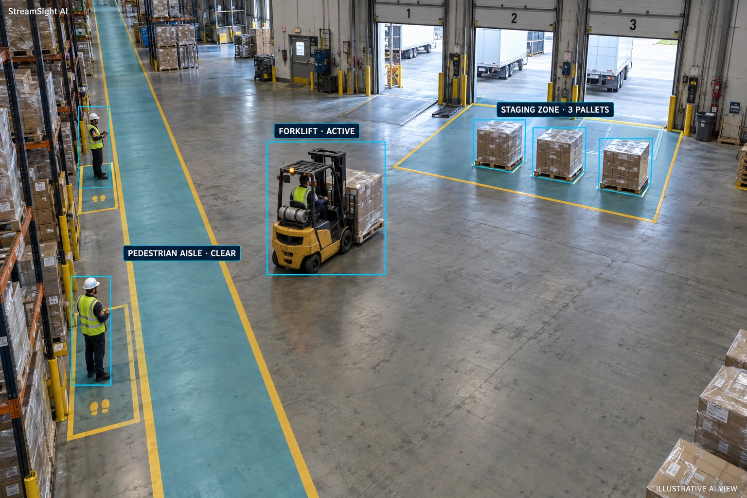 warehouse camera view with forklift detection, staged-pallet counting, and a marked pedestrian aisle